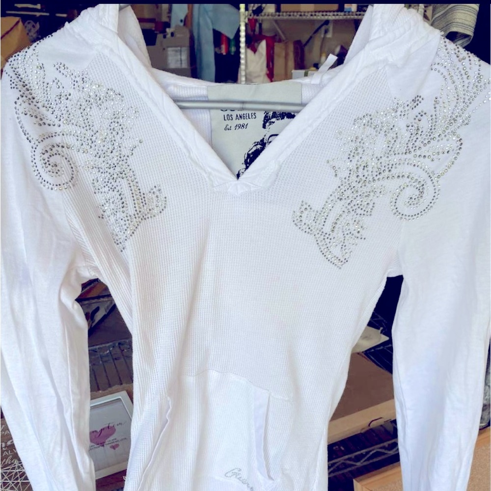 Guess Tee Shirt Hoodie with Crystal Embellishments - Size Small